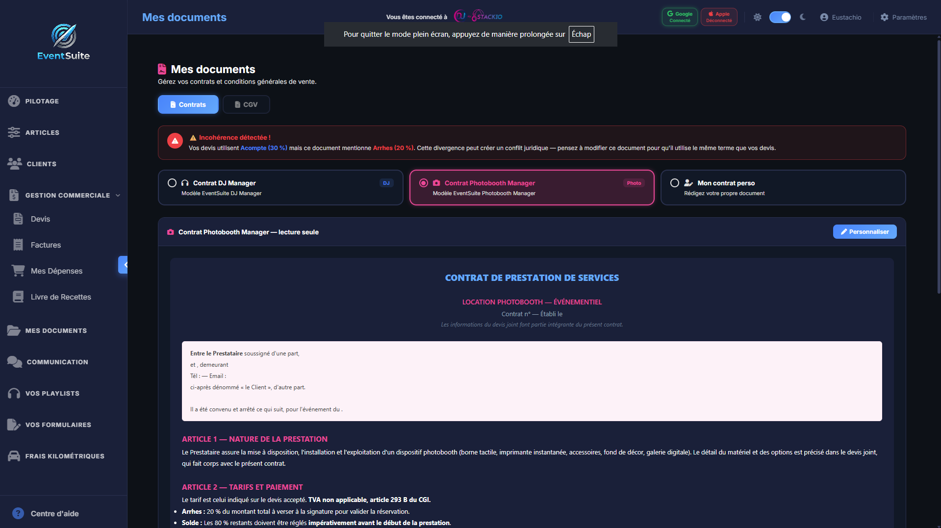 EventSuite — Contrats avec signature électronique eIDAS