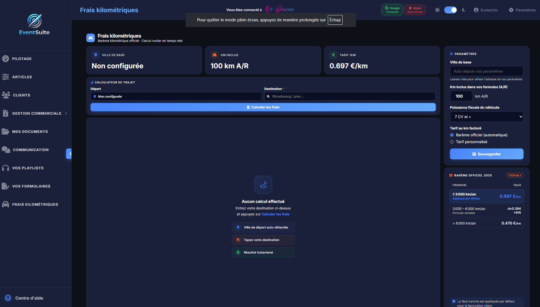 EventSuite — Calculateur de frais kilométriques